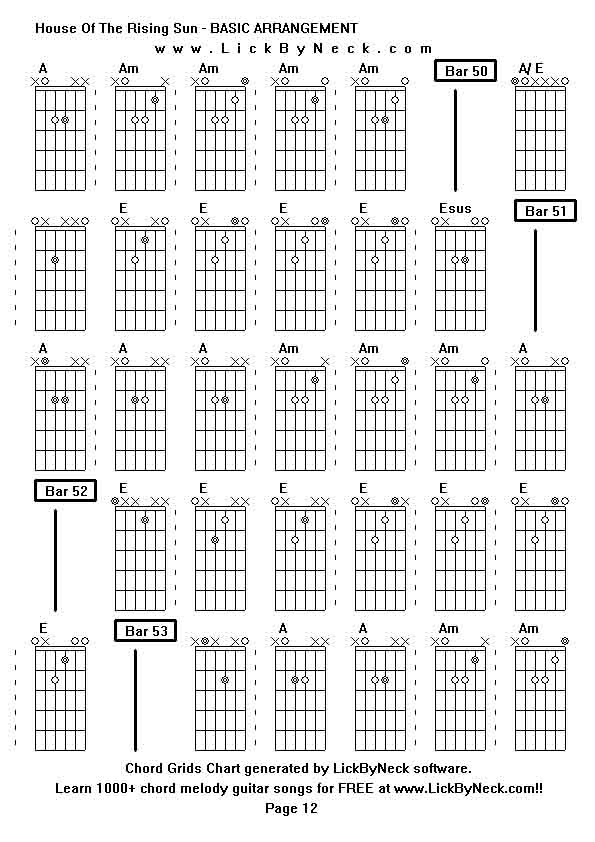 Chord Grids Chart of chord melody fingerstyle guitar song-House Of The Rising Sun - BASIC ARRANGEMENT,generated by LickByNeck software.